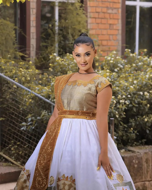 Radiant Golden Traditional Habesha Attire Outstanding Craftsmanship on Habesha Garment