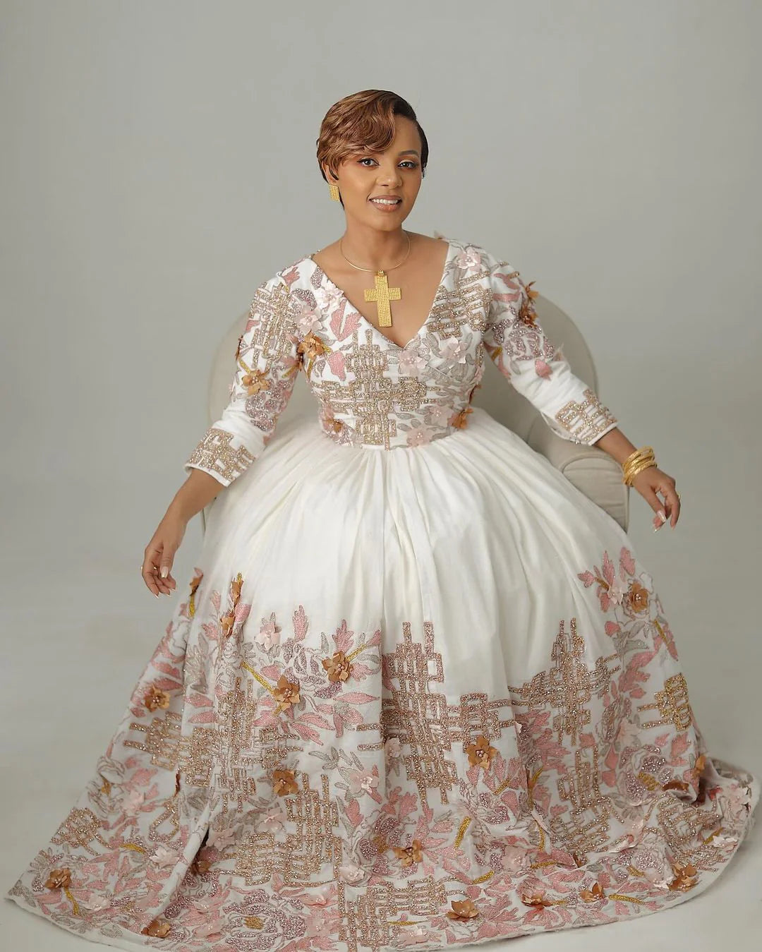 Dazzling Contemporary Habesha Dress with Floral Motif for Weddings