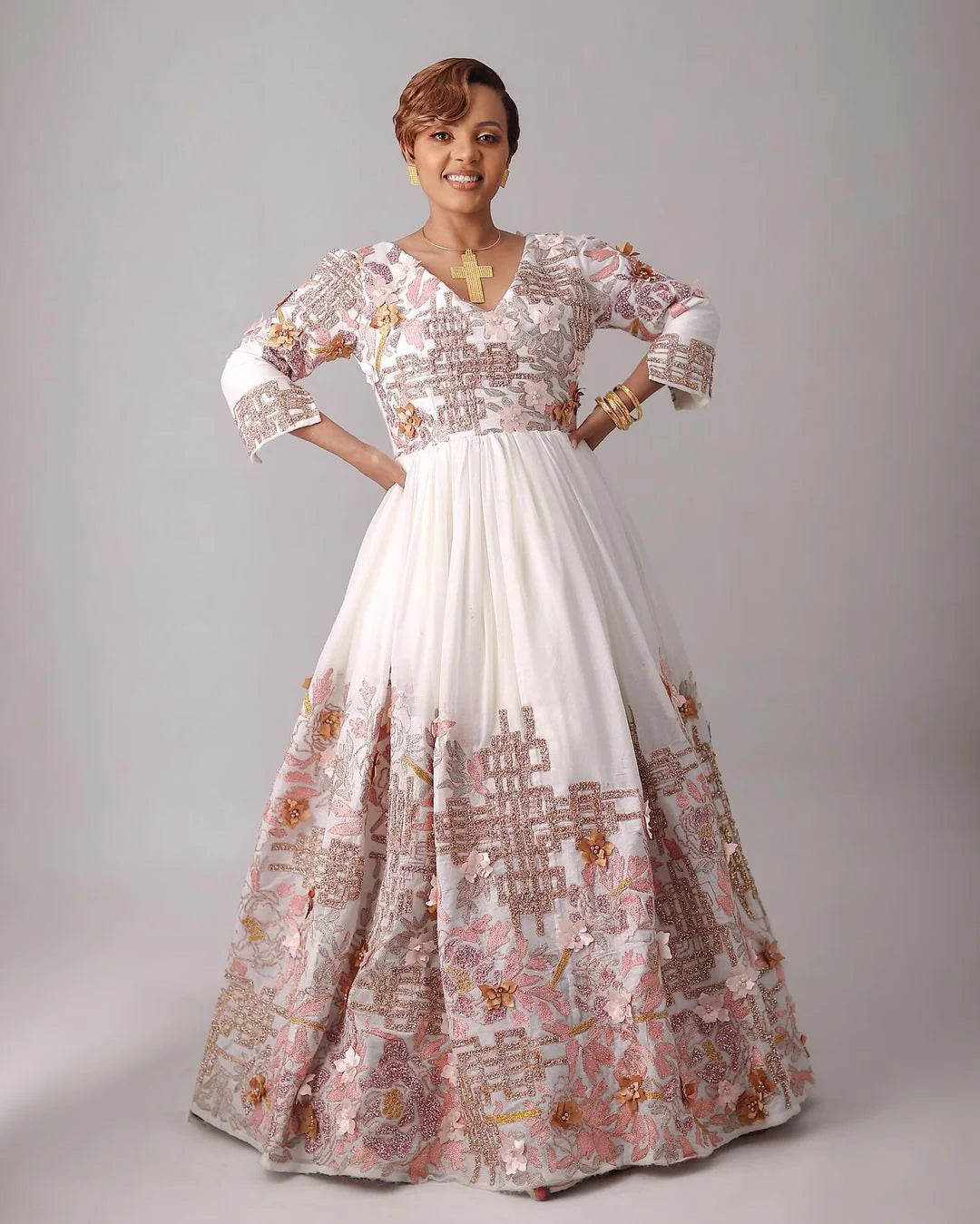 Dazzling Contemporary Habesha Dress with Floral Motif for Weddings