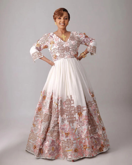Dazzling Contemporary Habesha Dress with Floral Motif for Weddings