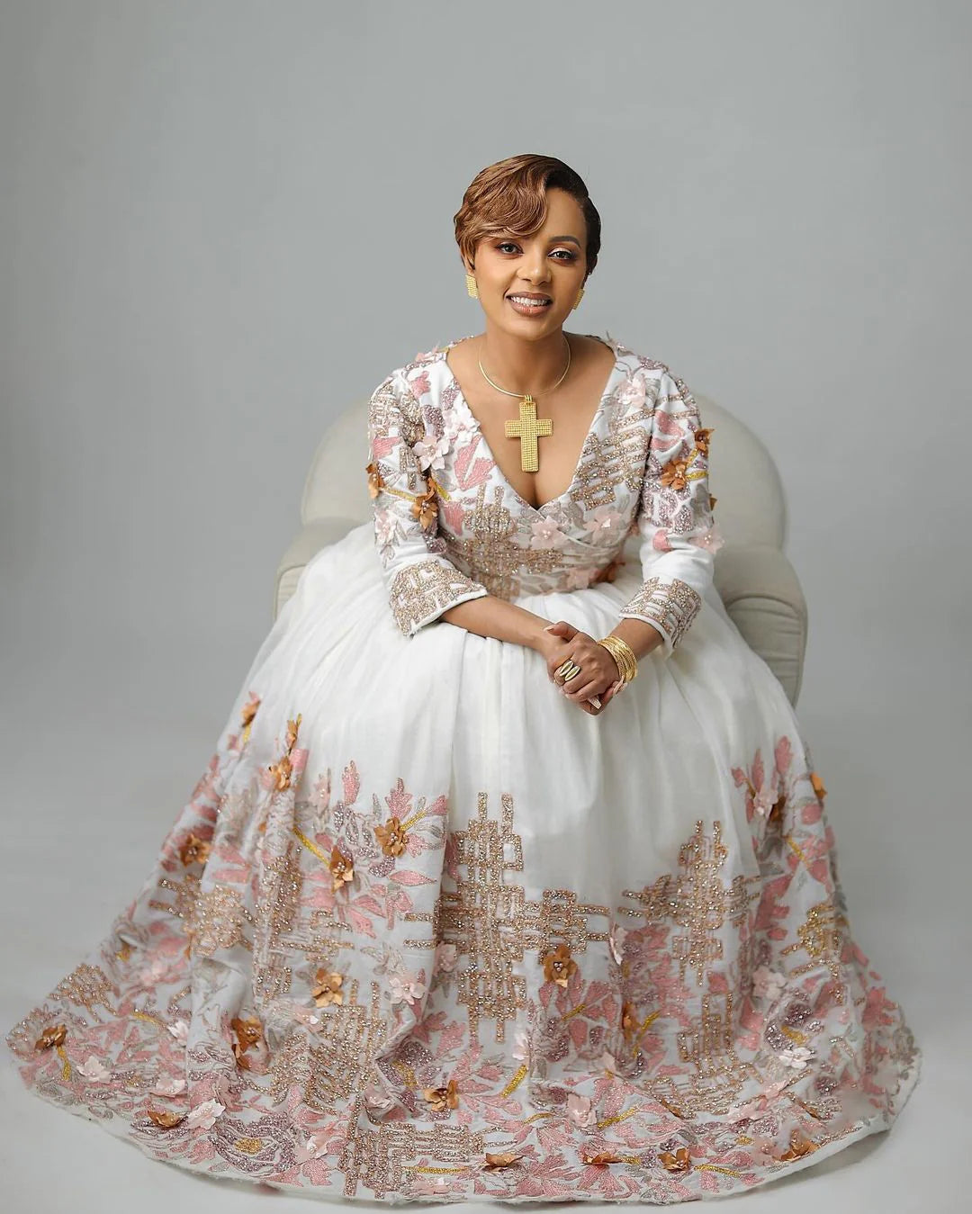 Dazzling Contemporary Habesha Dress with Floral Motif for Weddings