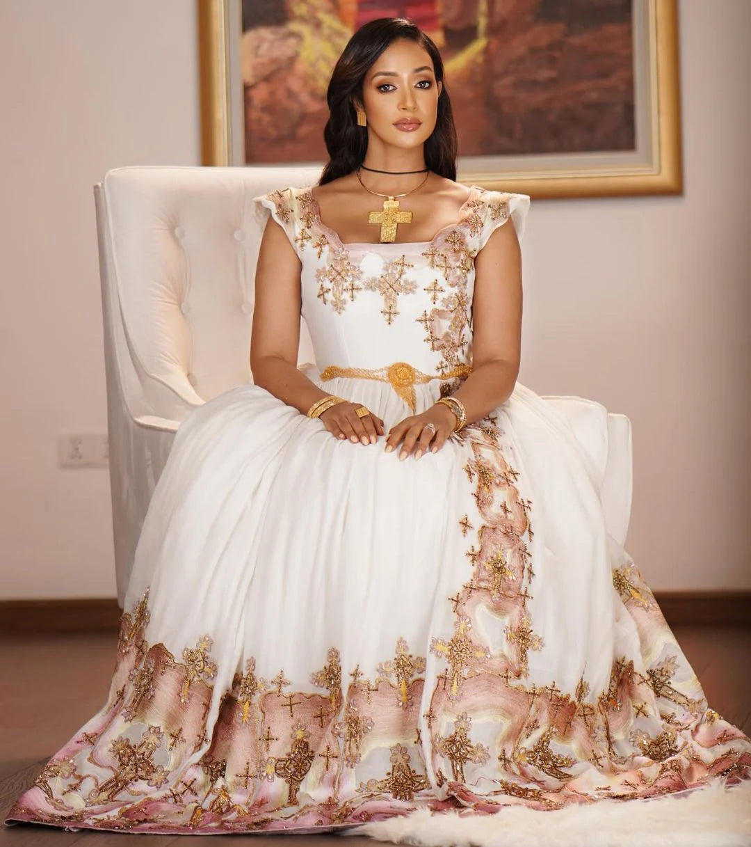 Embellished Contemporary Habesha Gown in Soft Tones for Weddings