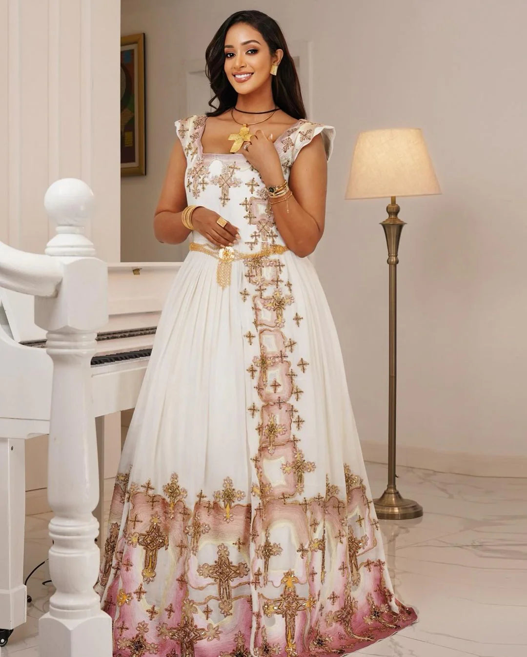 Embellished Contemporary Habesha Gown in Soft Tones for Weddings