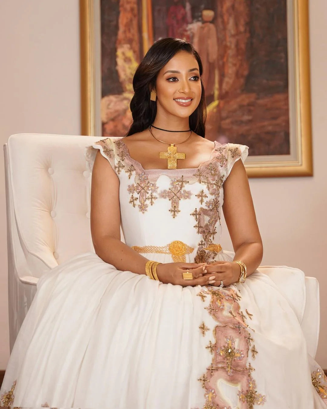 Embellished Contemporary Habesha Gown in Soft Tones for Weddings