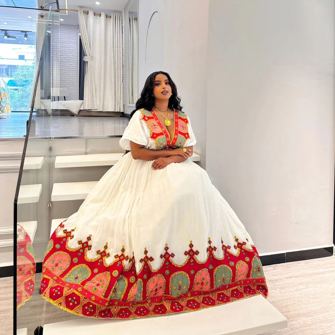Crimson Beaded Elegance: Contemporary Habesha Dress in Traditional Style