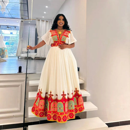 Crimson Beaded Elegance Contemporary Habesha Dress in Traditional Style