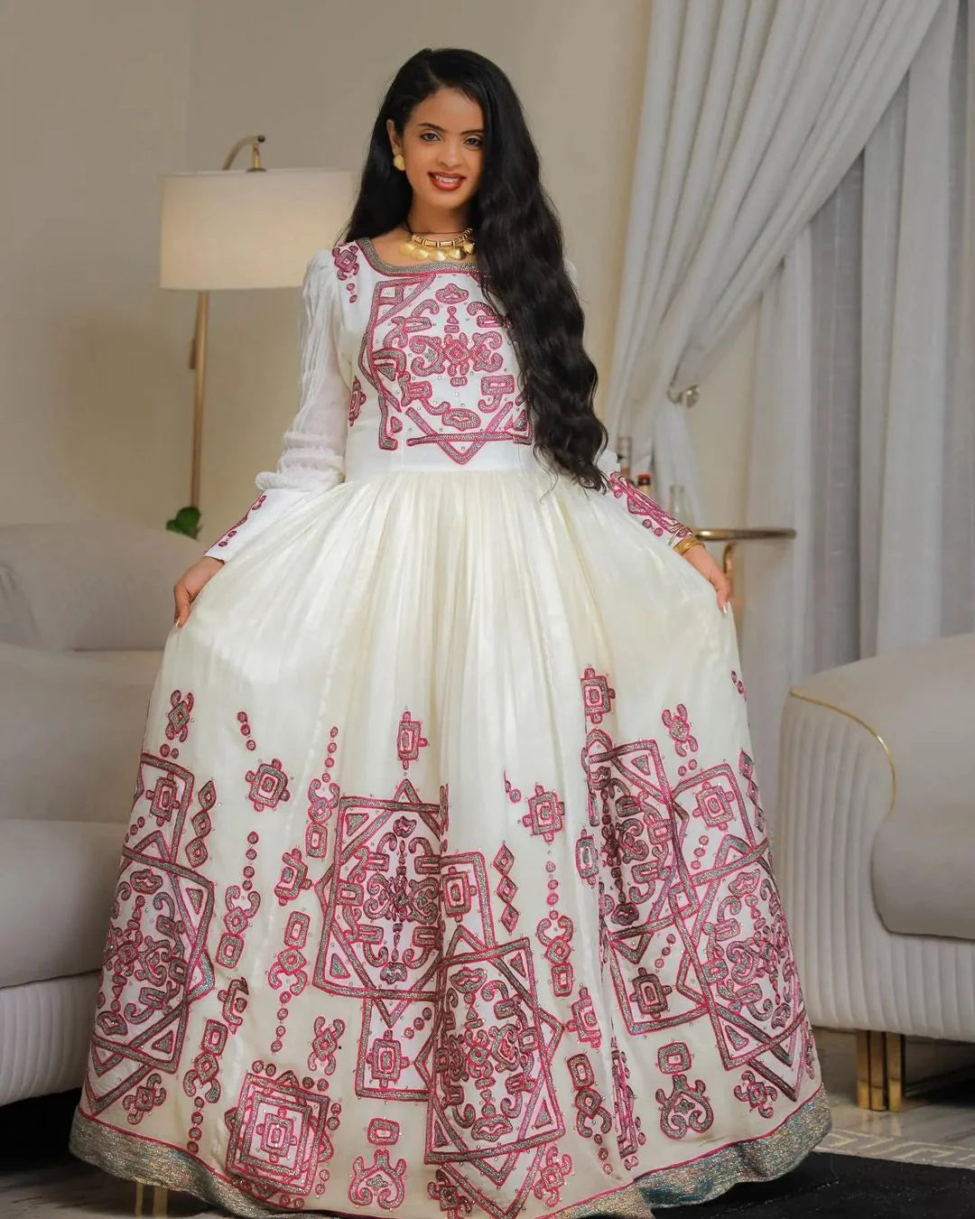 Beautiful Pink Wedding Habesha Dress: Contemporary Habesha Kemis in Traditional Style