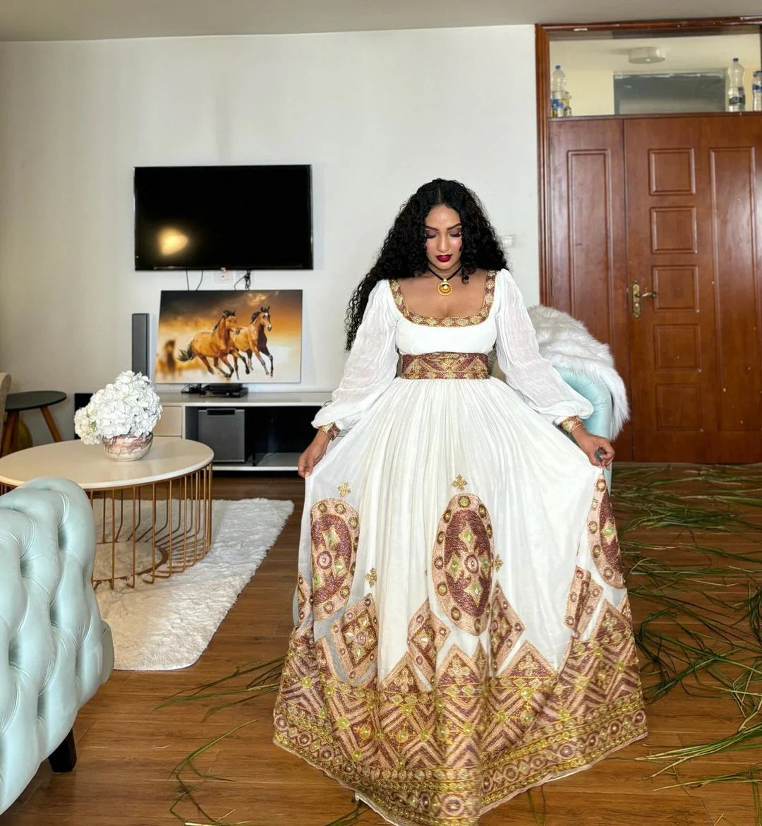 Exquisitely crafted Habesha Kemis, featuring a handwoven design