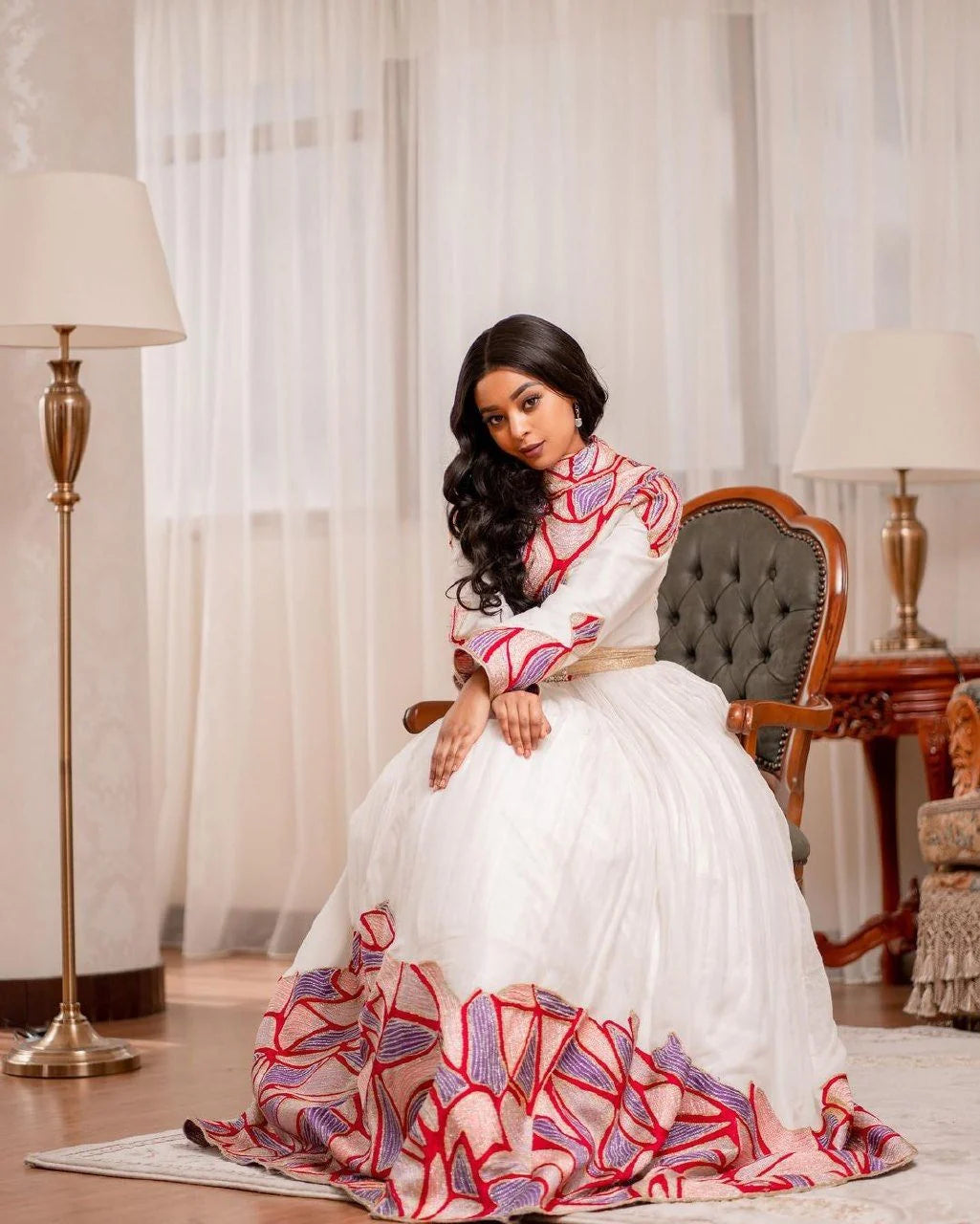 Tilf Elegance An exquisite Habesha Wedding dress made from Menen fabric, showcasing beautiful artistry