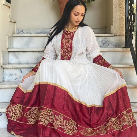 Vibrant Shimena Dress with Tilf Embroidery, Habesha attire, and traditional Habesha Kemis