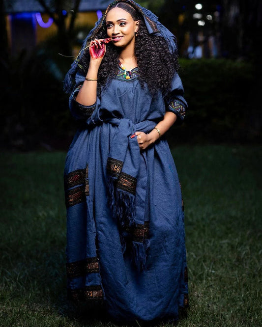 Beautiful Blue Raya Dress, a traditional Habesha garment that showcases rich cultural heritage