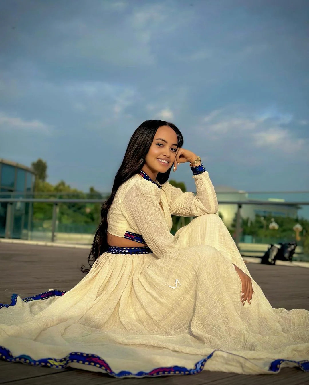 A chic Habesha two-piece stylish crop top and flowing skirt
