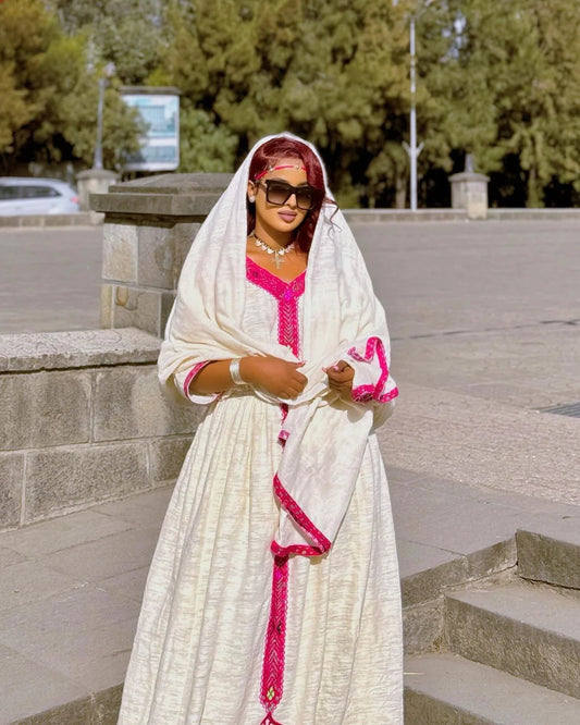 Contemporary Habesha Dress in Pink Fetil Fabric