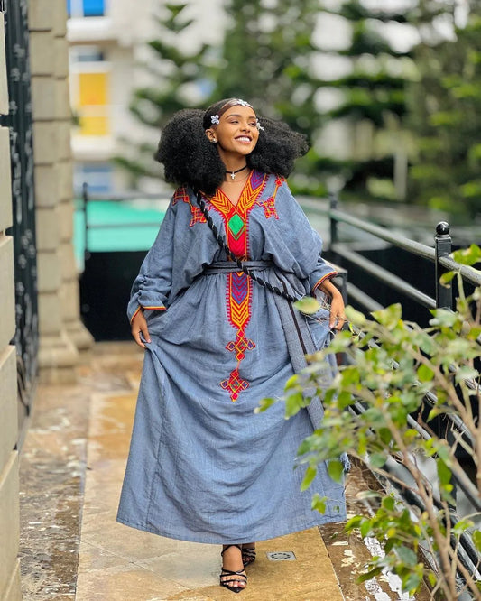 Blue Raya Dress, Cultural Habesha Attire, Handwoven Habesha Kemis, Modern Traditional Garment