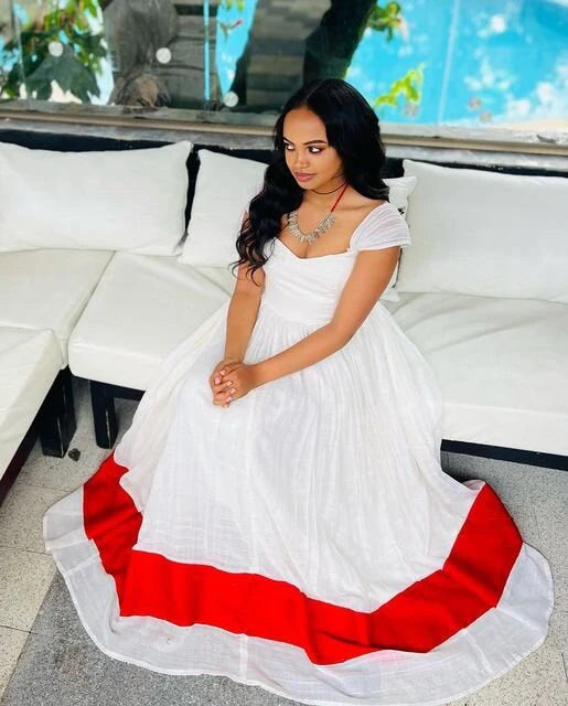 A Stunning Shimena Habesha Kemis with Vibrant Red Design