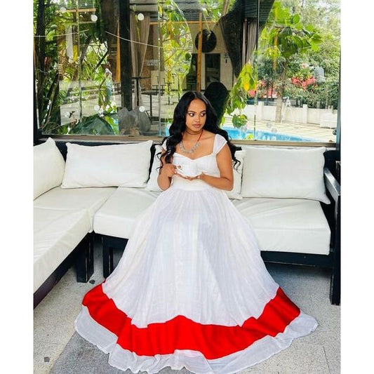 A Stunning Shimena Habesha Kemis with Vibrant Red Design