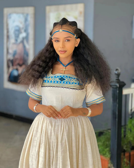 Enduring Grace Azure Minimalism in Habesha Kemis Habesha Attire