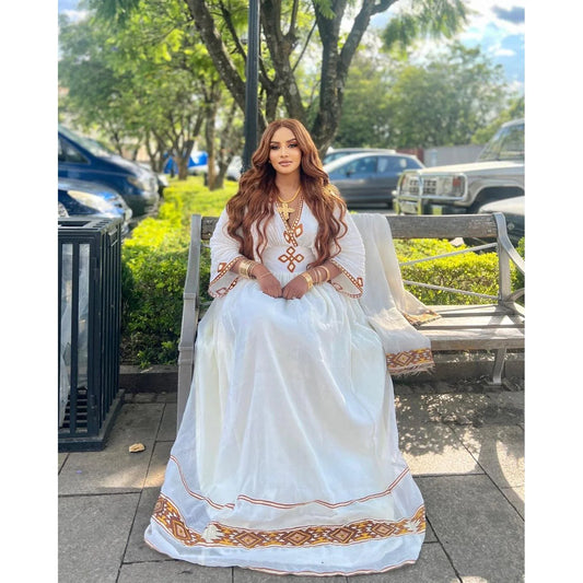 Chic Habesha Kemis featuring Menen Fabric, Shimena style, and Modern Brown Tilf Design