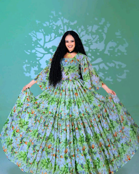 Elegant Floral Habesha Chiffon Dress