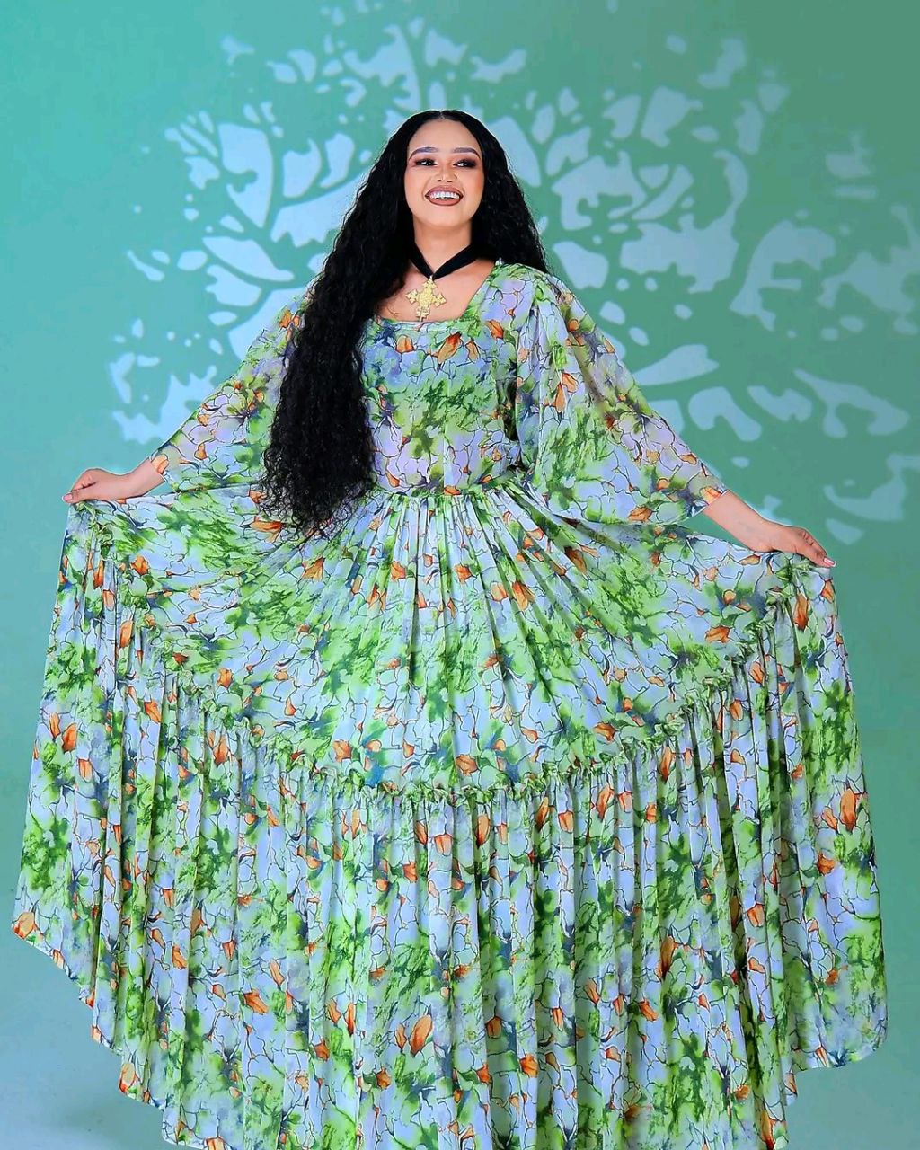 Elegant Floral Habesha Chiffon Dress