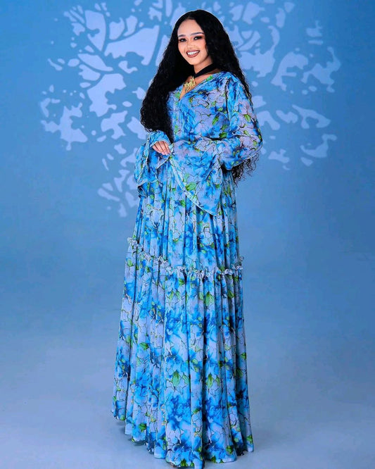 Radiant Sky-Blue Habesha Chiffon Dress