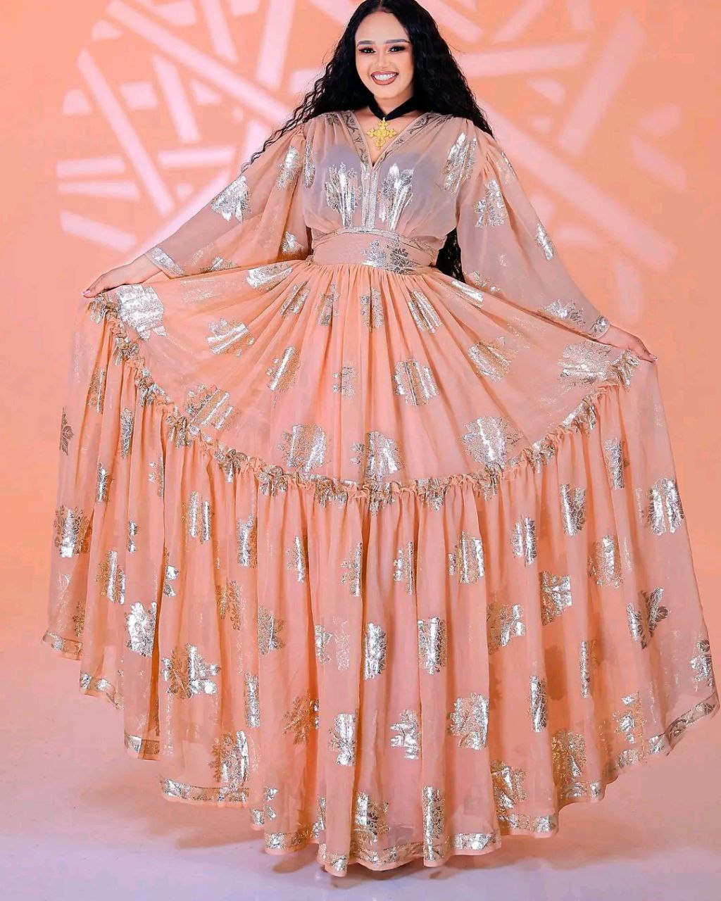 Glamorous Peach and Gold Habesha Chiffon Dress