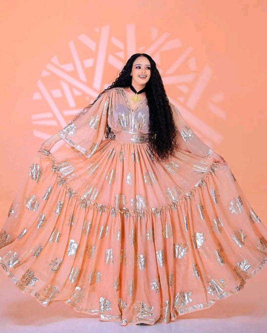 Glamorous Peach and Gold Habesha Chiffon Dress