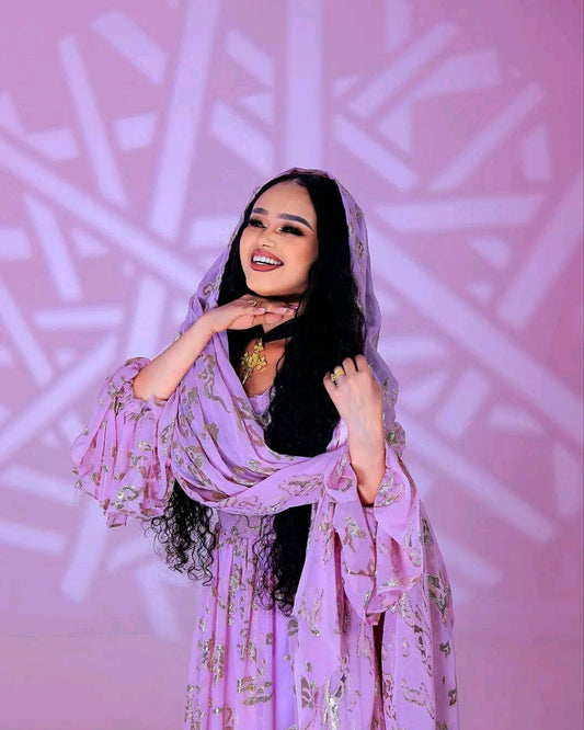 Elegant Lavender and Gold Habesha Chiffon Dress
