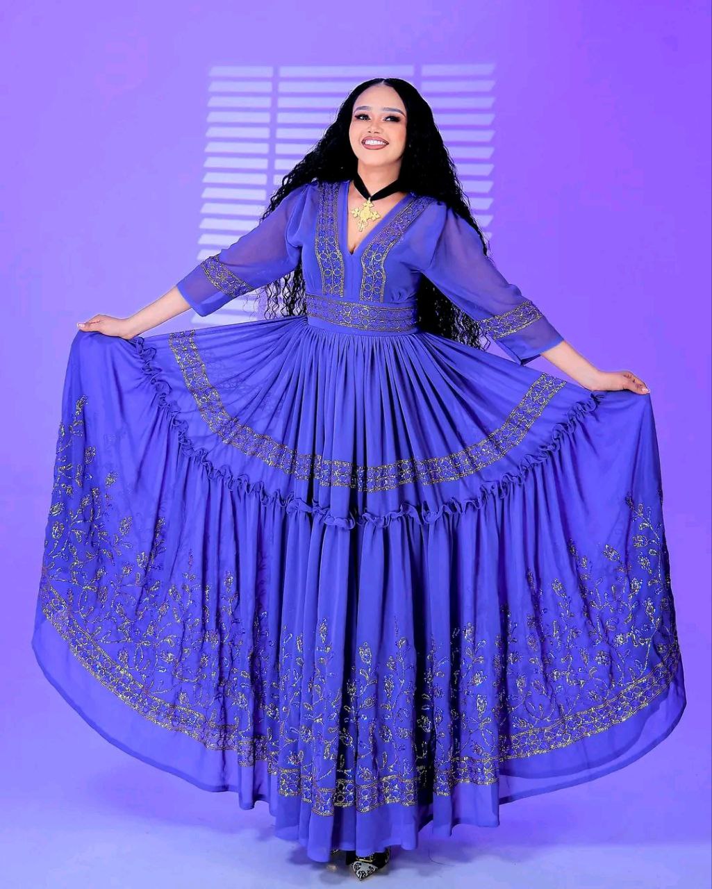 Regal Royal Blue Habesha Chiffon Dress