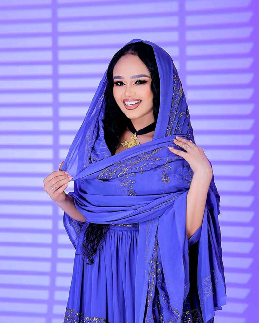 Regal Royal Blue Habesha Chiffon Dress