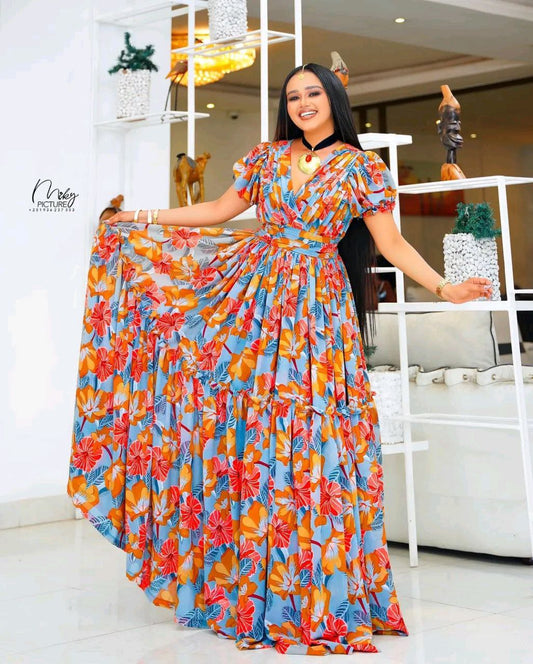 Vibrant Floral Habesha Chiffon Dress