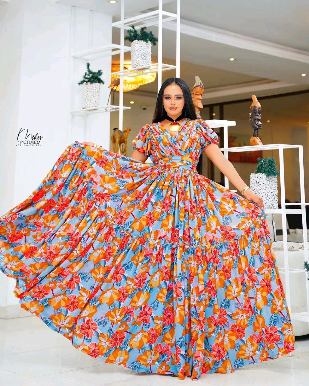 Vibrant Floral Habesha Chiffon Dress