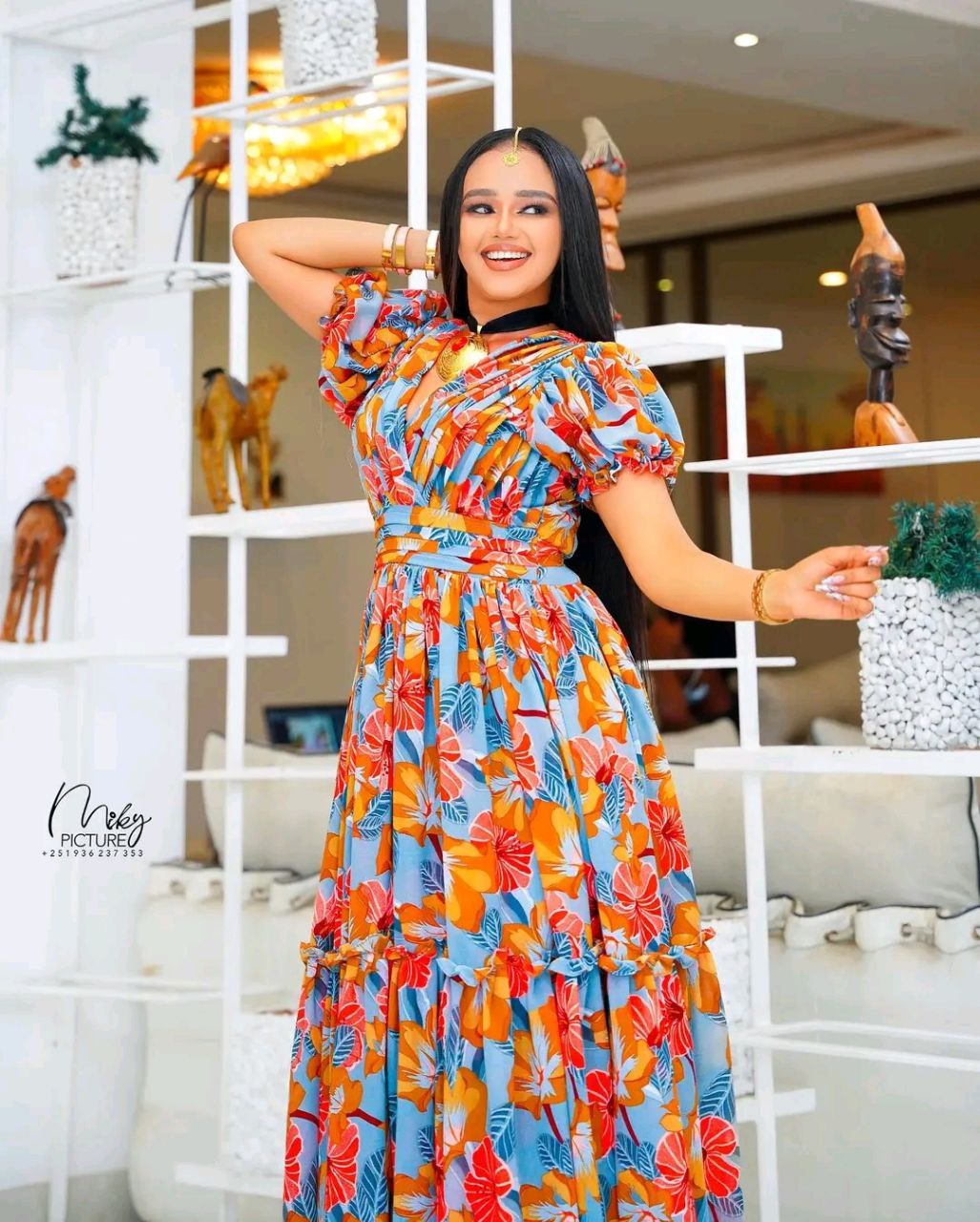 Vibrant Floral Habesha Chiffon Dress