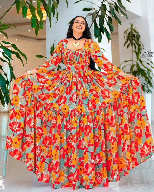 Elegant Floral Habesha Chiffon Dress