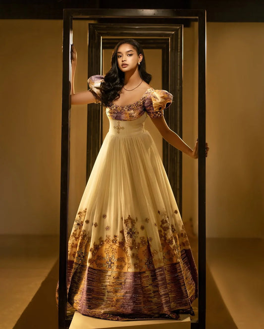 Billowy Short Sleeves Habesha Bridal Dress Golden Embellished Habesha Kemis