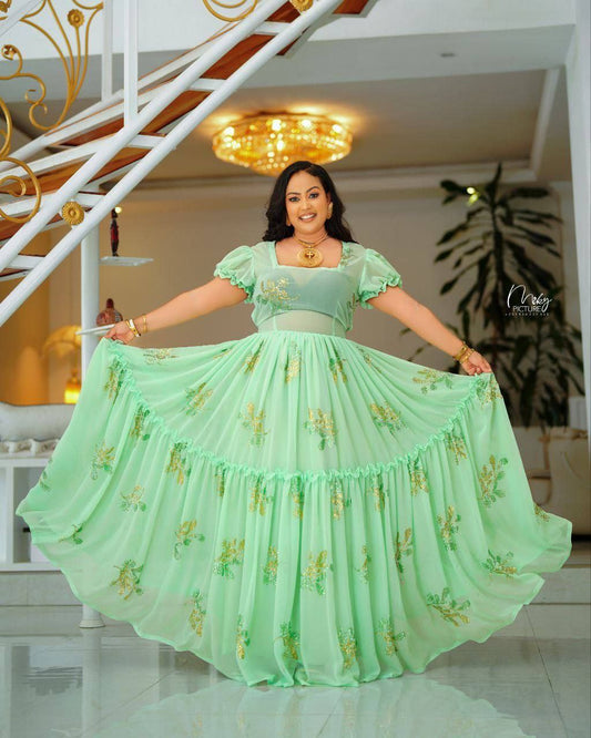 Charming Grace The Enchantment of Mint Green Habesha Chiffon