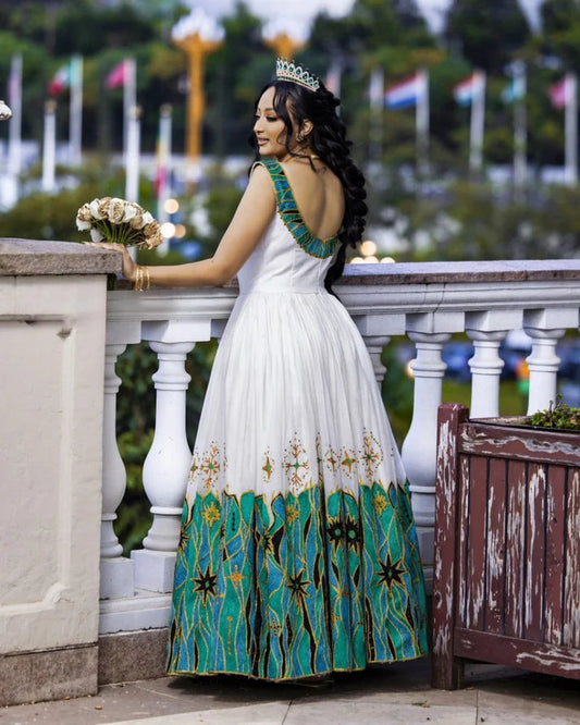 Beautiful Habesha Dress with Turquoise and Gold Embroidery