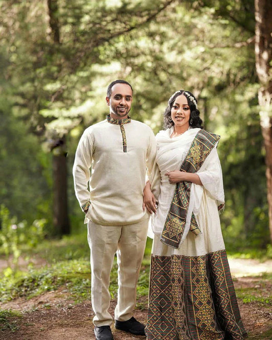 Artistry Unveiled: Handwoven Elegance in Habesha Couples' Outfit.