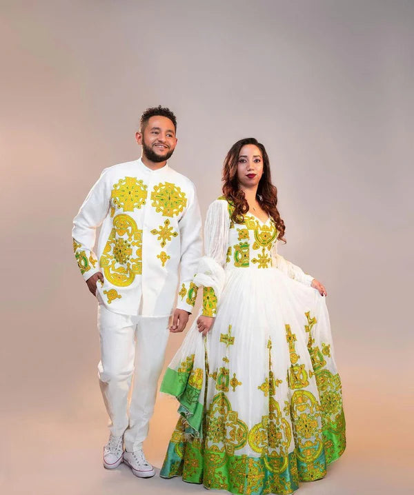 Harmony in Hues: Vibrant Yellow and Green Habesha Couples Ensemble.