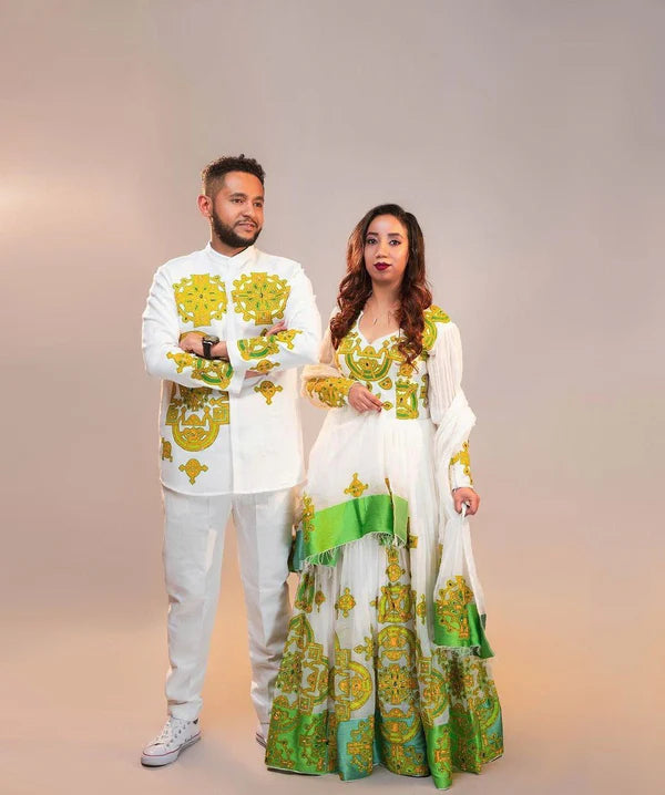 Harmony in Hues: Vibrant Yellow and Green Habesha Couples Ensemble.