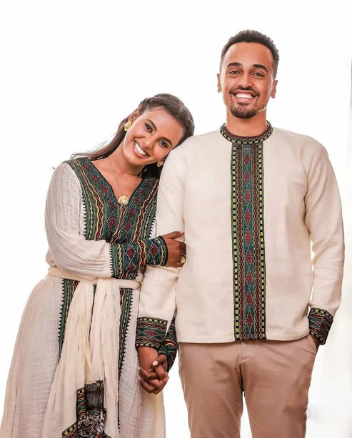 Embracing Tradition in Dark Tilet Habesha Couples Outfit.