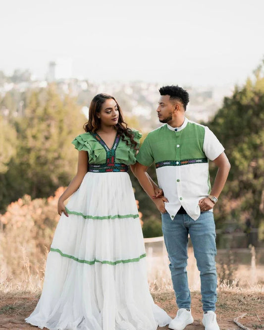Habesha Elegance: Green Design in Couples' Outfit.