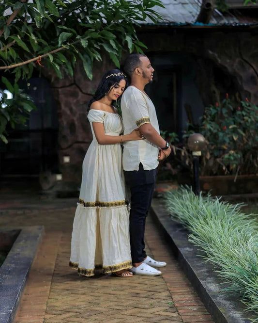Simple Design Habesha Couples Outfit: Modern Wedding Attire