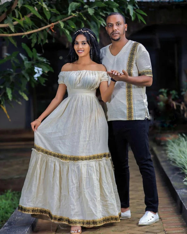 Simple Design Habesha Couples Outfit: Modern Wedding Attire