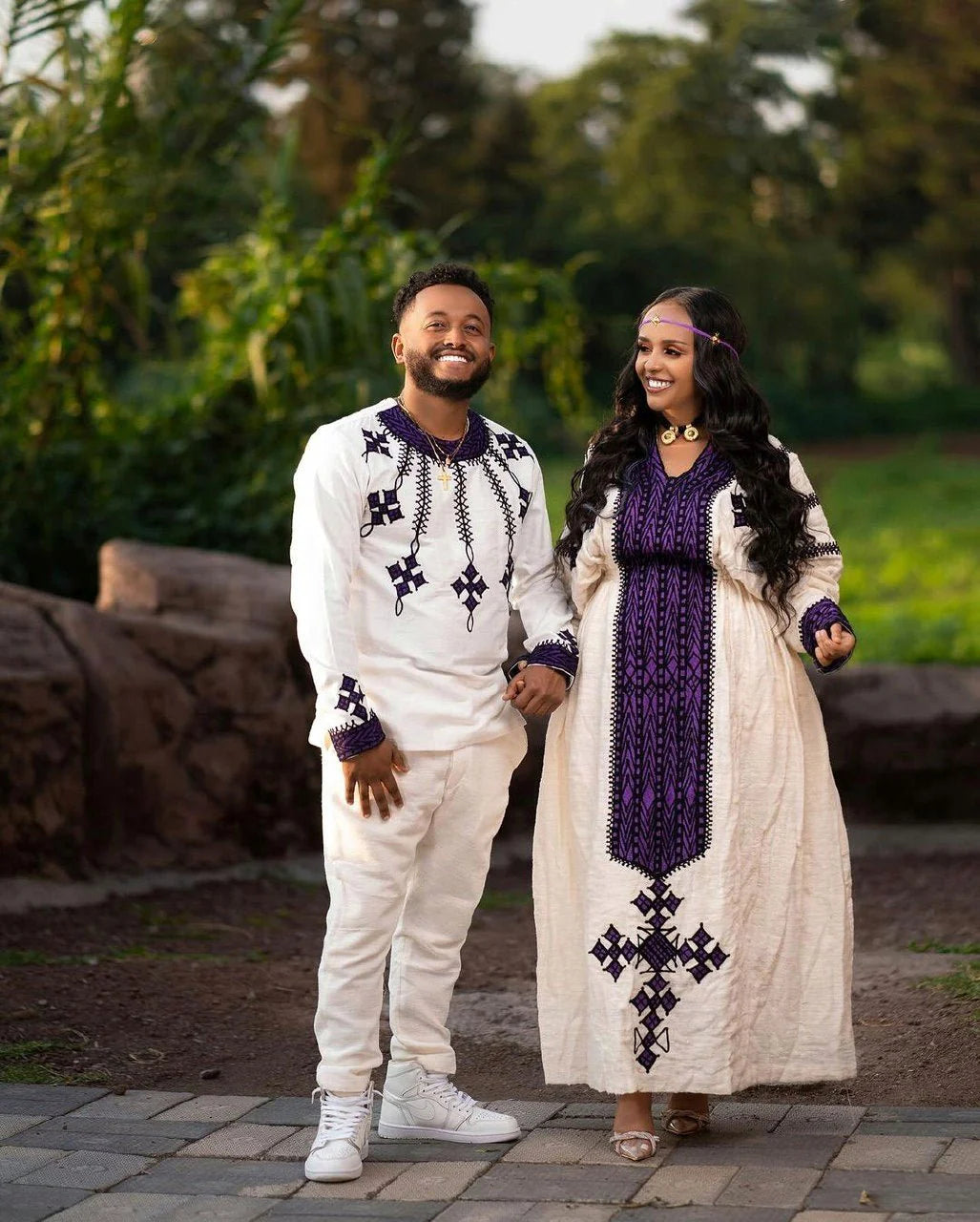 Habesha Couples' Outfits in Enchanting Purple Desig