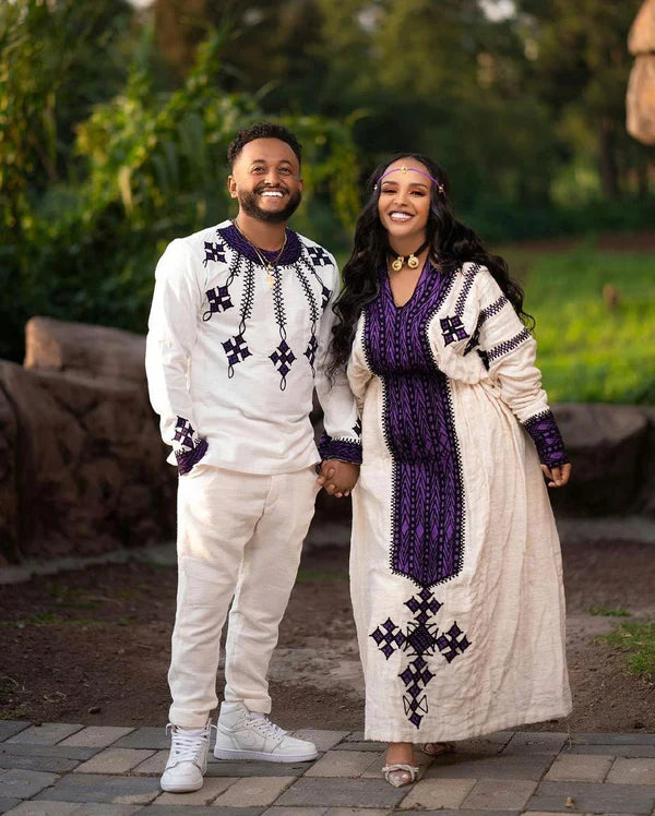 Habesha Couples' Outfits in Enchanting Purple Desig