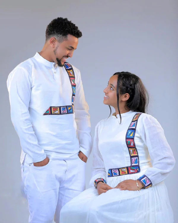 Modern and Colorful Habesha Couple's Outfits for a Unique Look