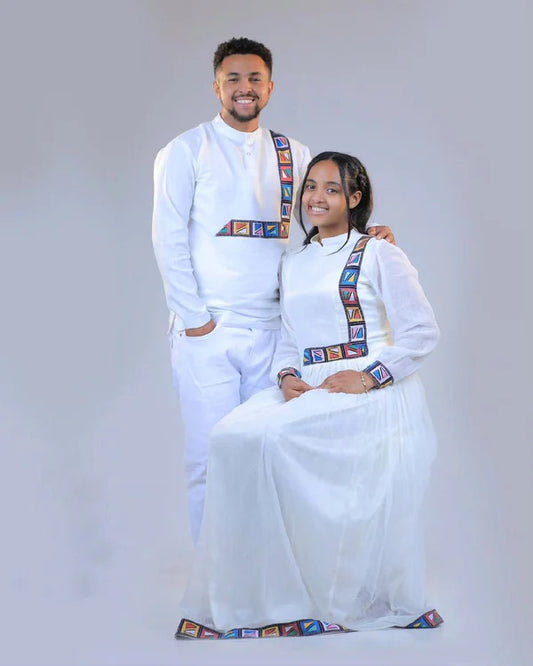 Modern and Colorful Habesha Couple's Outfits for a Unique Look