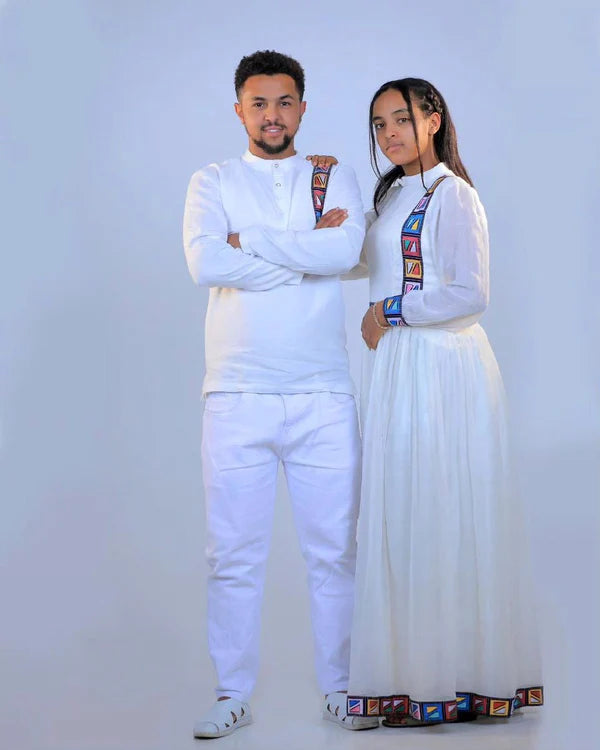 Modern and Colorful Habesha Couple's Outfits for a Unique Look