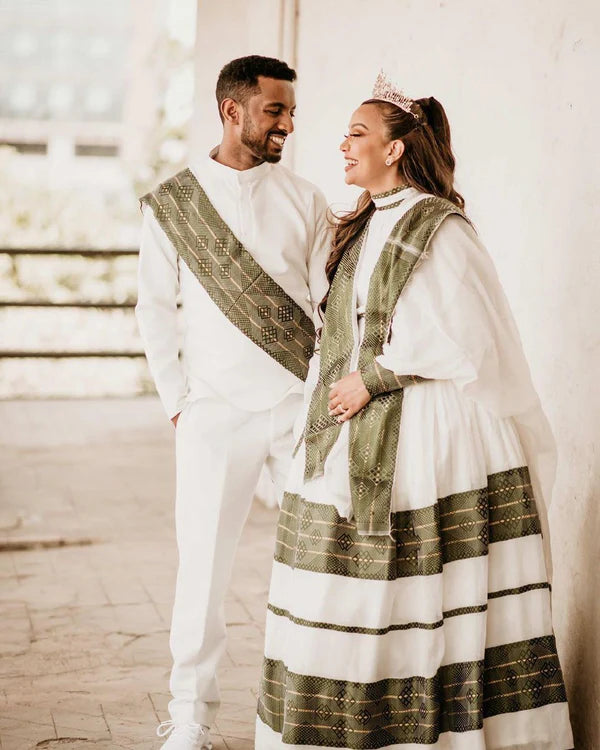 Verdant Elegance: Habesha Couples' Outfits in Captivating Green Design